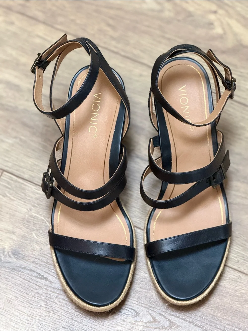 Vionic Sabina Size 10 Black Leather Espadrille Wedge Sandals Strappy Comfort New